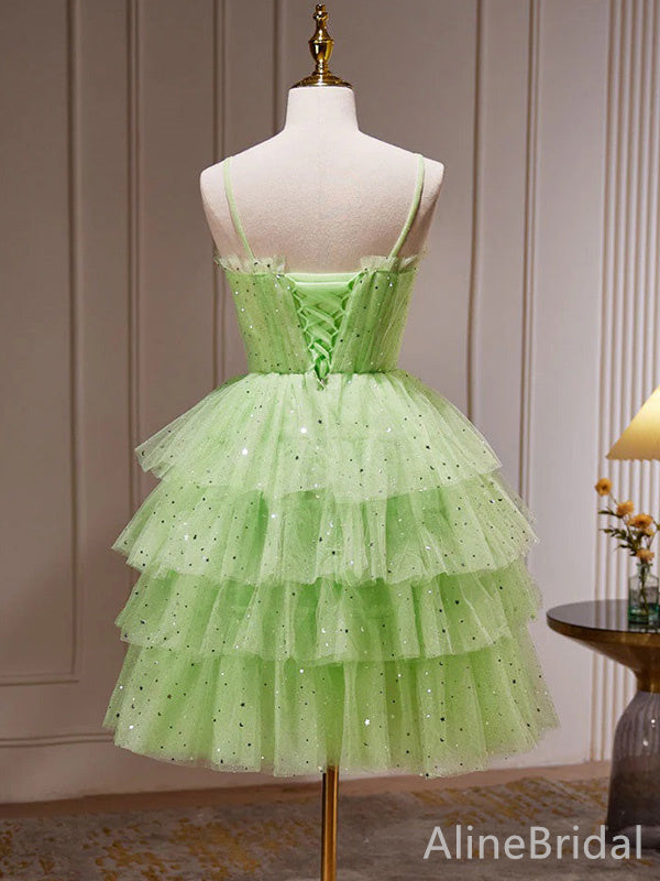 Elegant Light Green Spaghetti Strap A-line Short Homecoming Dress-Mini Layered Tulle Dress, H D32695