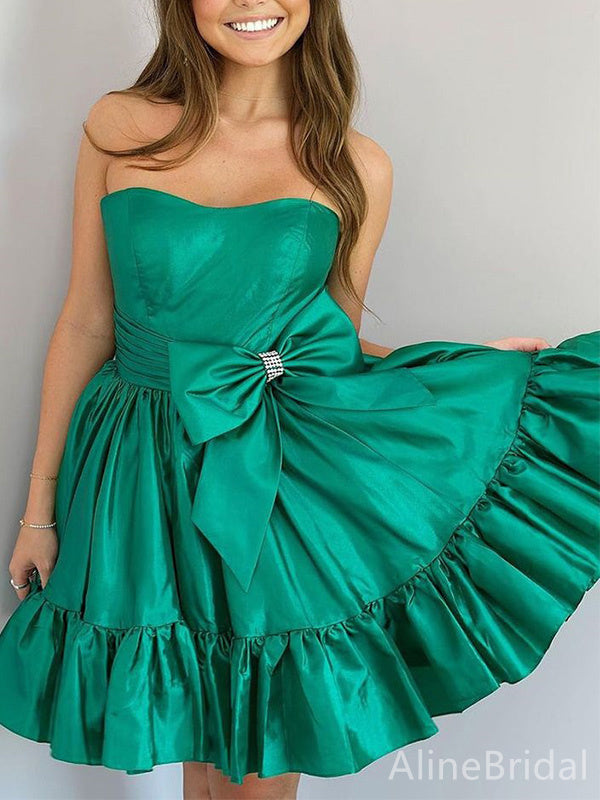 Elegant Green Strapless A-line Short Mini Homecoming Dress with Bow Detailing, HD32700