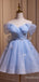 Elegant Pale Blue V-neck Off-Shoulder A-line Short Mini Homecoming Dress, HD32701
