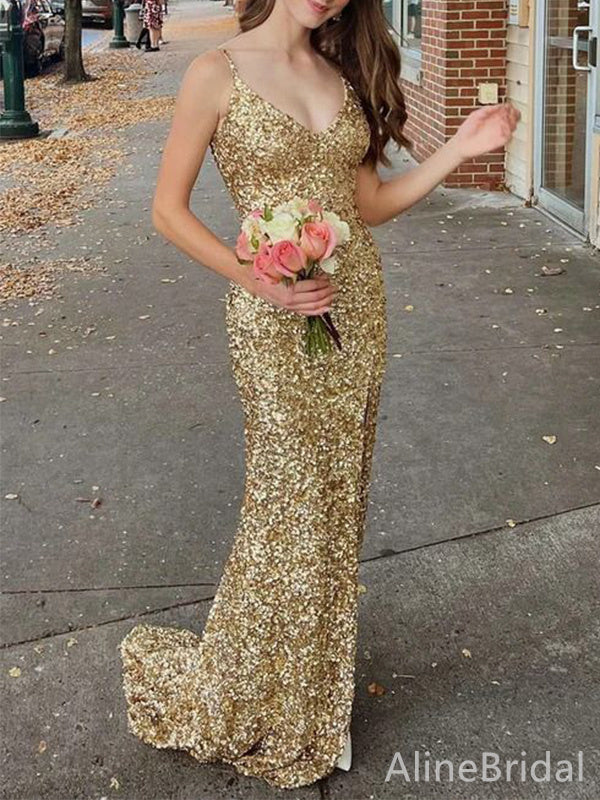 Sparkly Sequins V-neck Spaghetti Strap Mermaid Long Prom Dress,PD37925