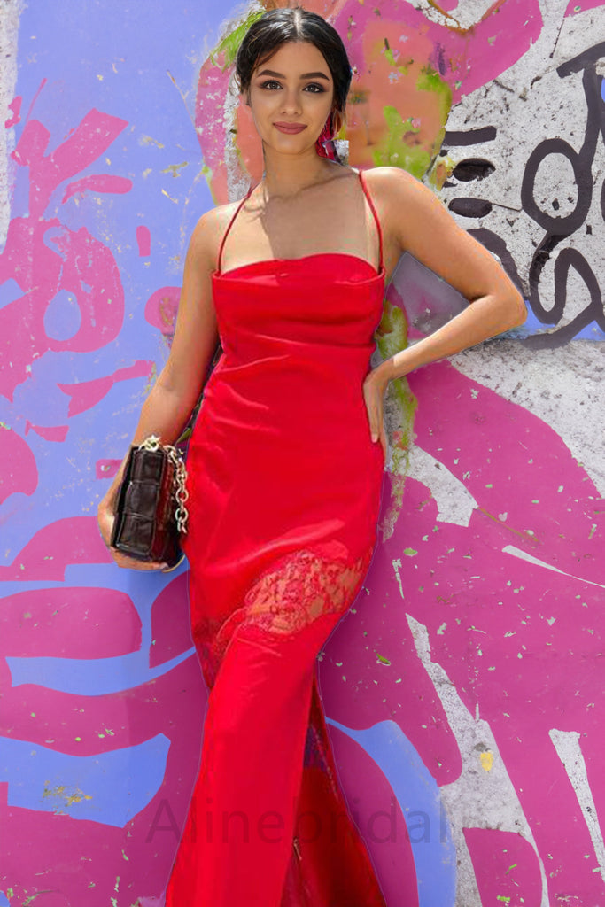 Sexy Red Spaghetti Straps Sleeveless Mermaid Floor Length Prom Dress, PD3684