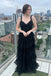 Black V-neck Sleeveless Ruffle A-line Layered Tulle Prom Dress, PD3717