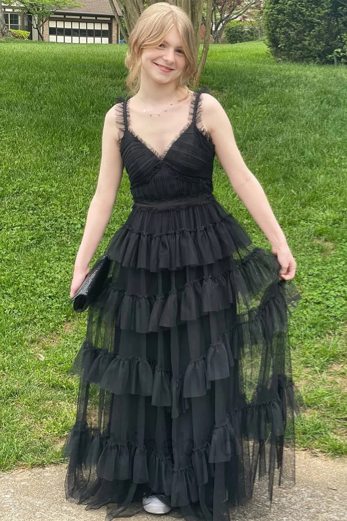 Black V-neck Sleeveless Ruffle A-line Layered Tulle Prom Dress, PD3717