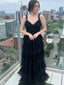 Black V-neck Sleeveless Ruffle A-line Layered Tulle Prom Dress, PD3717