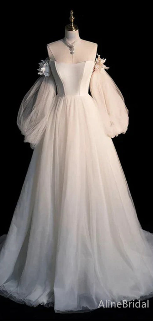 Elegant Ivory Strapless A-line Long Prom Dress, Long Sleeves Evening Dress, PD37937