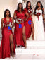 Mismatched Red V-neck Side Slit Mermaid Simple Long Bridesmaid Dress, PD3159