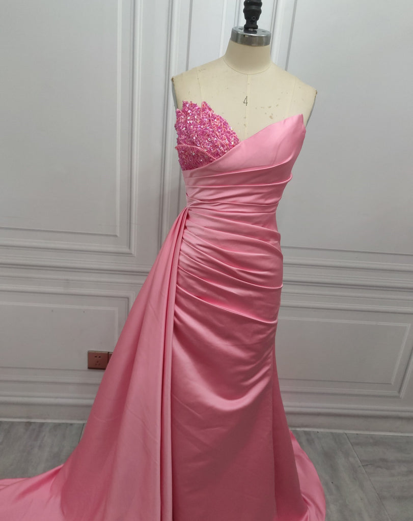 Sexy Pink V-neck Sleeveless Mermaid Floor Length Prom Dress with Beading, PD3648