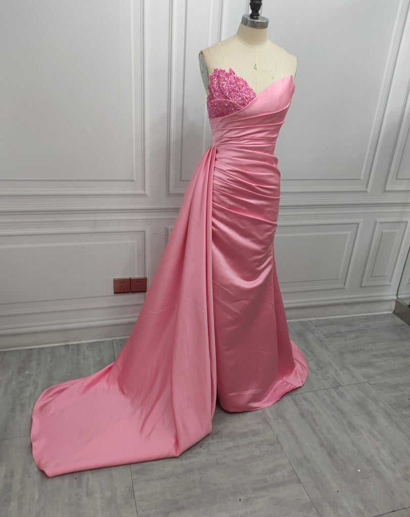Sexy Pink V-neck Sleeveless Mermaid Floor Length Prom Dress with Beading, PD3648