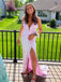 Elegant Pink V-neck Mermaid Split Side Spaghetti Strap Long Prom Dress,PD3761