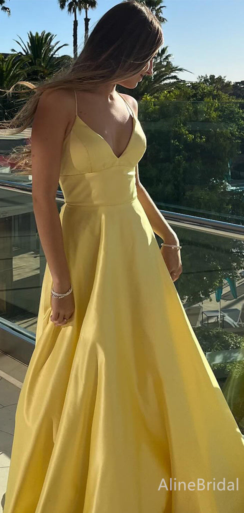 Elegant Yellow V-neck Spaghetti Strap A-line Long Prom Dress, PD3681