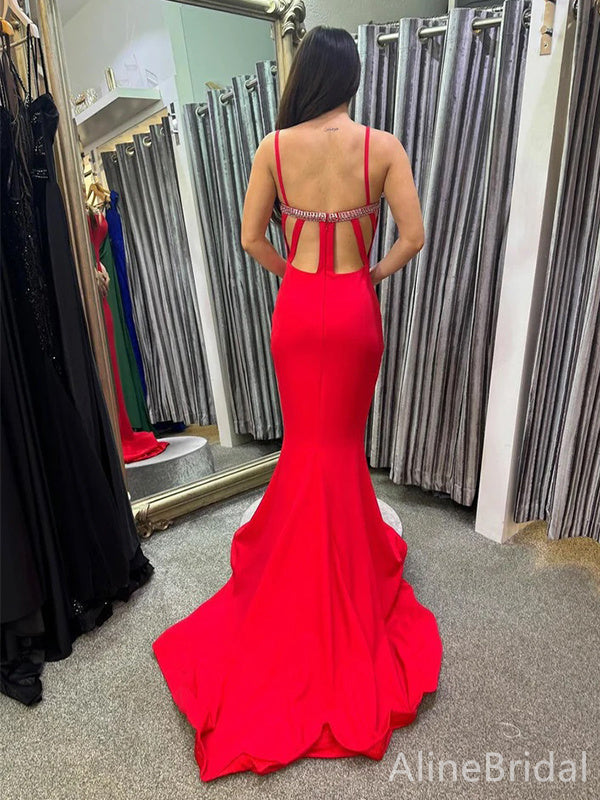 Sexy V-neck Red Backless Beading Mermaid Long Prom Dress, PD38044