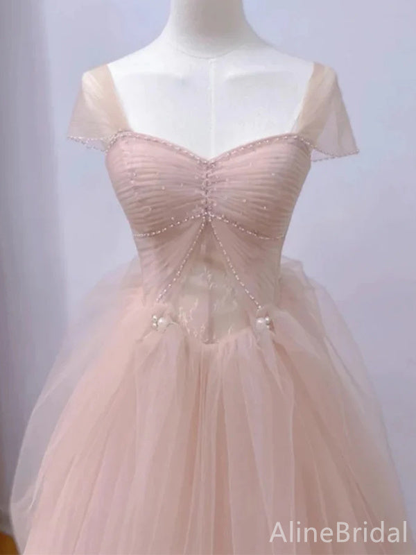 Elegant Light Pink Sweetheart Beading A-line Long Layered Tulle Prom Dress,PD38046