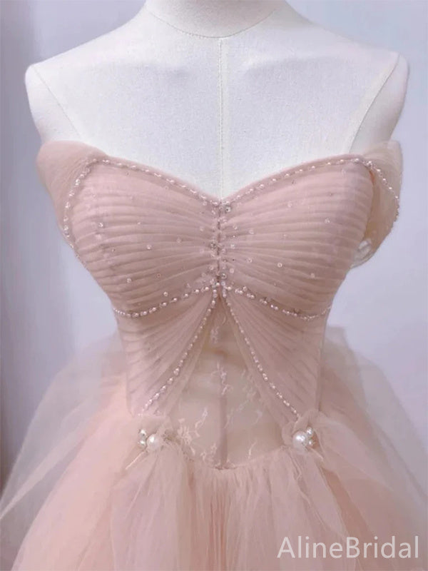 Elegant Light Pink Sweetheart Beading A-line Long Layered Tulle Prom Dress,PD38046