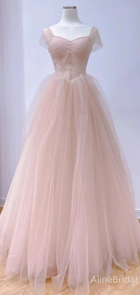 Elegant Light Pink Sweetheart Beading A-line Long Layered Tulle Prom Dress,PD38046