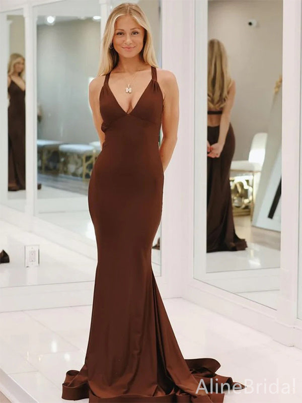 Sexy Chocolate V-neck Mermaid Long Prom Dress, Evening Gown, PD38049