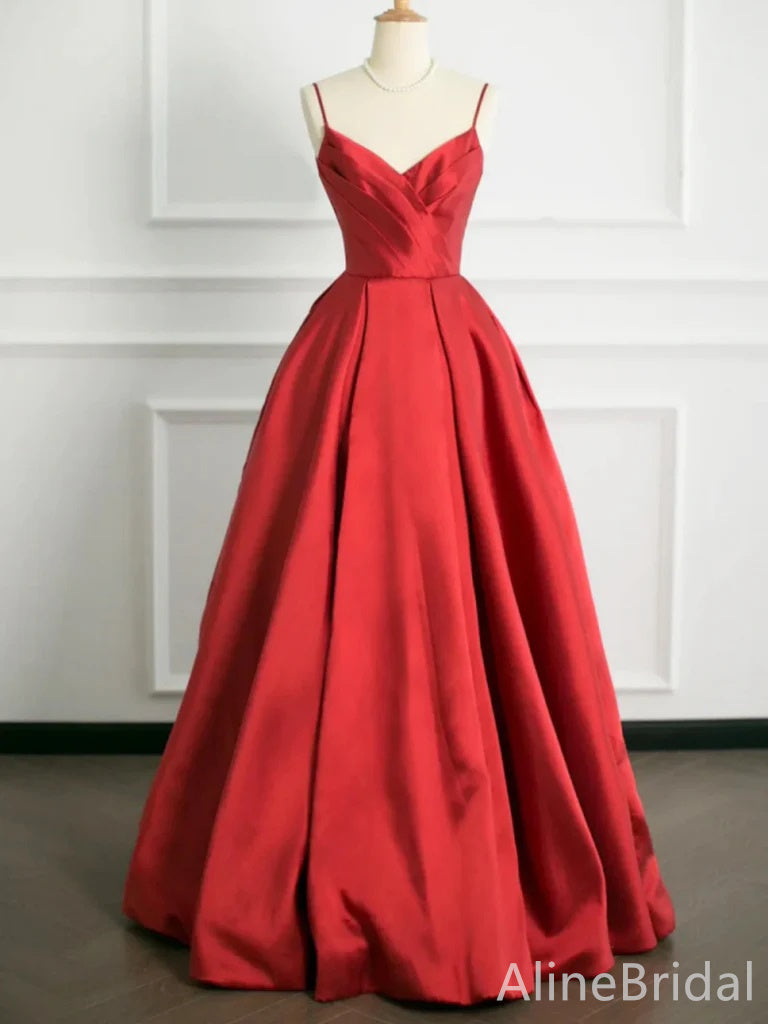 Elegant Red V-neck Spaghetti Strap A-line Long Prom Dress, Evening Dress, PD38051