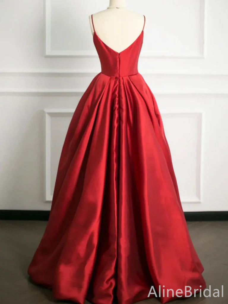 Elegant Red V-neck Spaghetti Strap A-line Long Prom Dress, Evening Dress, PD38051