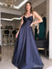 Sexy Navy Blue V-neck Spaghetti Strap Open Back A-line Long Prom Dress, PD38052