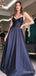 Sexy Navy Blue V-neck Spaghetti Strap Open Back A-line Long Prom Dress, PD38052