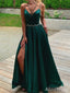 Sexy Emerald Green V-neck Spaghetti Strap A-line Long Prom Dress with Sash, Evening Dress, PD38053