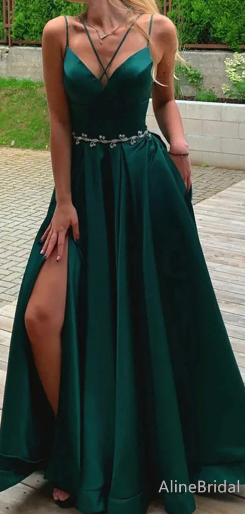 Sexy Emerald Green V-neck Spaghetti Strap A-line Long Prom Dress with Sash, Evening Dress, PD38053