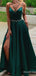 Sexy Emerald Green V-neck Spaghetti Strap A-line Long Prom Dress with Sash, Evening Dress, PD38053