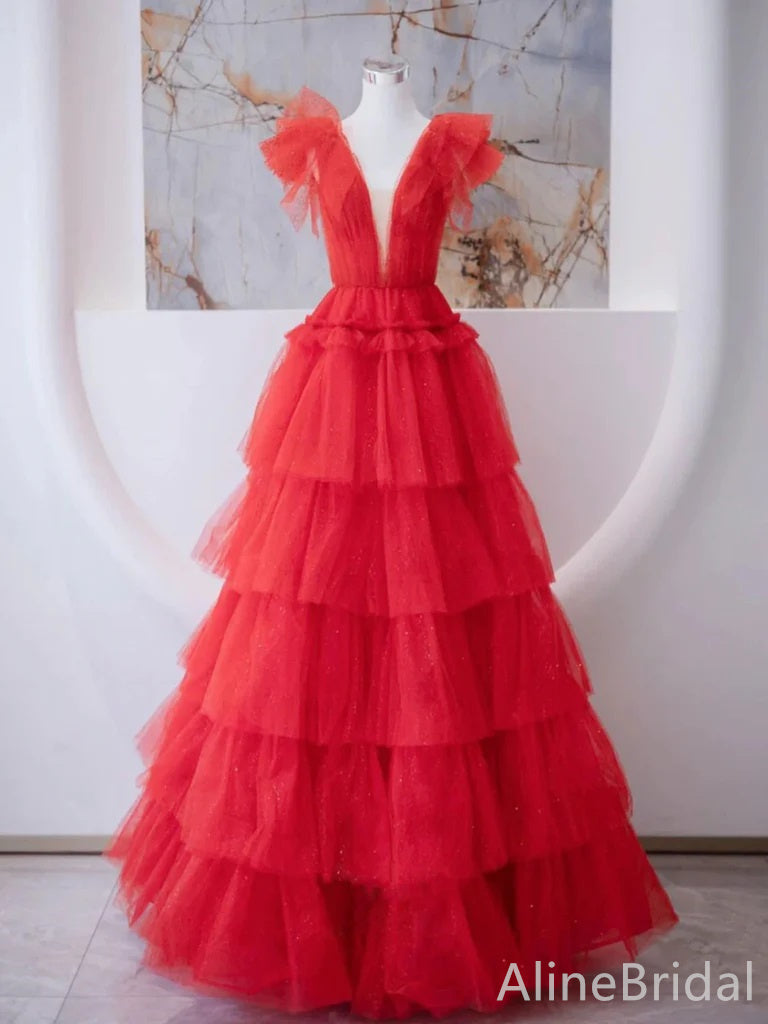 Simple Red  Deep V-neck A-line Long Ruffles Tiered Tulle Prom Dress, Evening Gown with SleevesPD38056