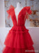 Simple Red  Deep V-neck A-line Long Ruffles Tiered Tulle Prom Dress, Evening Gown with SleevesPD38056