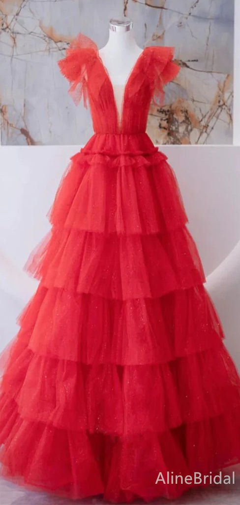 Simple Red  Deep V-neck A-line Long Ruffles Tiered Tulle Prom Dress, Evening Gown with SleevesPD38056