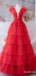 Simple Red  Deep V-neck A-line Long Ruffles Tiered Tulle Prom Dress, Evening Gown with SleevesPD38056