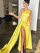 Elegant One Shoulder Side Slit Yellow Memriad Long Prom Dress with Drape, Evening Dress, PD38064