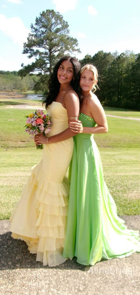 Elegant Strapless Yellow Ruffles Tiered Long Mermaid Prom Dress, Evening Dress PD382233