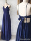 Elegant Navy V-neck Spaghetti Strap A-line Long Prom Dress with Tie Back, PD38068