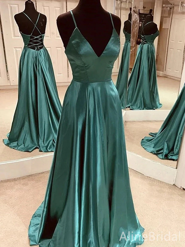 Elegant Emerald Green V-neck Open Back A-line Long Prom Dress, Evening Gown, PD38069