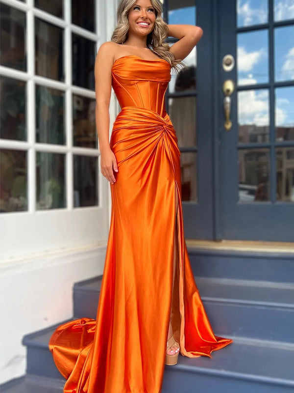 Sexy Orange Strapless Sleeveless Side Slit Mermaid Floor Length Prom Dress, PD3645