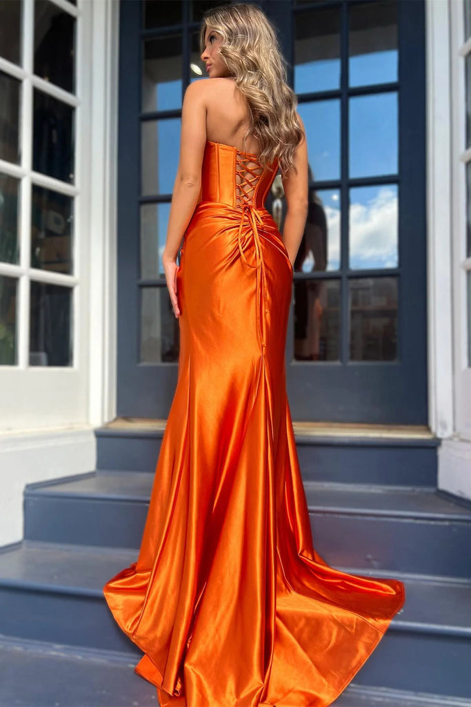 Sexy Orange Strapless Sleeveless Side Slit Mermaid Floor Length Prom Dress, PD3645