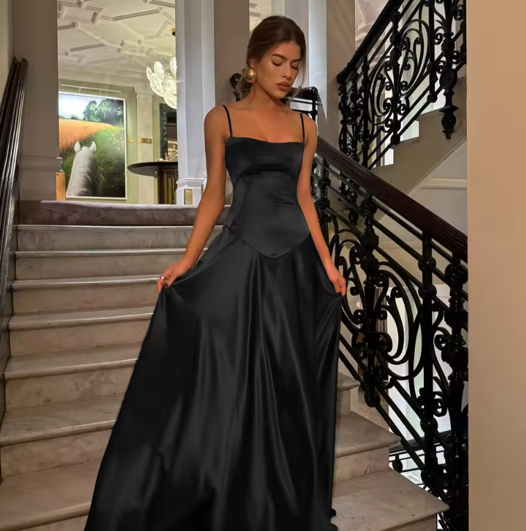 Gorgeous Satin Black Spaghetti Strap Hollow Out Lace Up Backless A-line Long Prom Dress,PD381985