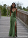 Sexy Green V-neck Spaghetti Strap Satin Backless Long Mermaid Prom Dress with Slit, Evening Dress, PD382171