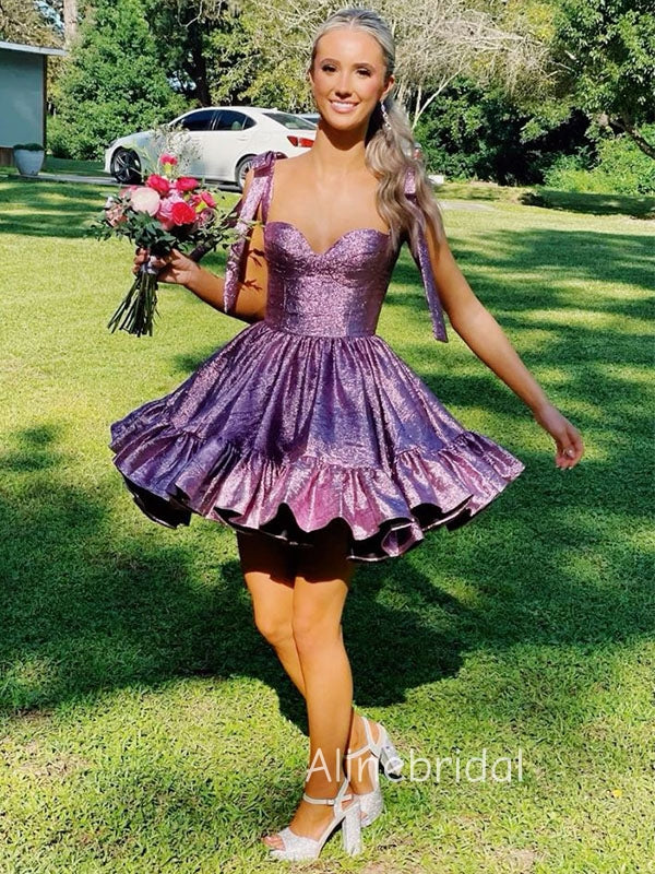 Purple Square Ruffles A-line Short Homecoming Dress with Tie Shoulder, HC382289