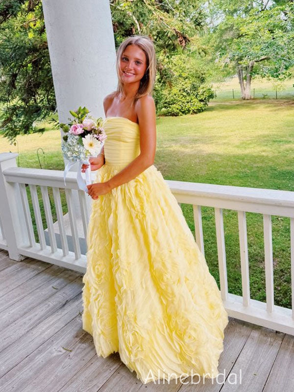 Gorgeous Yellow Strapless Long Layered Tulle Prom Dress, Evening Gown, PD382289