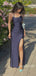 Elegant Spaghetti Straps Bateau High Slit Navy Blue Maxi Long Prom Dress,Formal Dress, PD382267