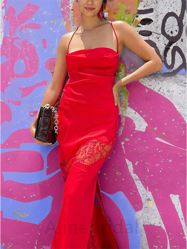 Sexy Red Spaghetti Straps Sleeveless Mermaid Floor Length Prom Dress, PD3684