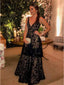Elegant Black V-neck Sleeveless A-line Black Long Lace Prom Dress, PD3654
