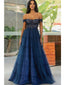 Elegant Dark Blue Off the Shoulder A-line Floor Length Prom Dress, Evening Gown, PD3655