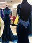 Sexy Dark Blue V-neckBackles Mermaid Long Velvet Evening Dress, PD3680