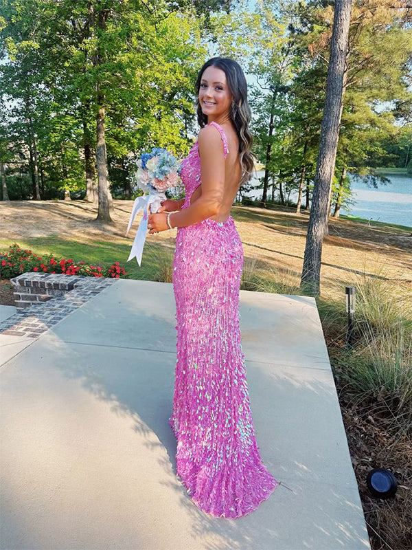 Sparkly V-Neck Backless Pink Glitter Prom Dress with High Slit – Sexy Evening Gown, Prom Dress,PD382262