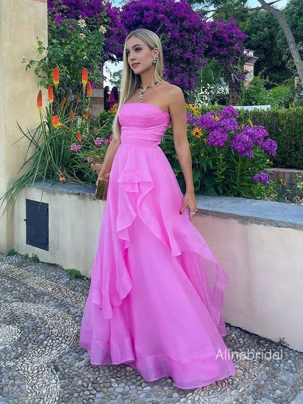 Elegant Strapless Ruffle  Hot Pink Maxi Long A-line Tulle Prom Dress,Formal Dress, PD382270