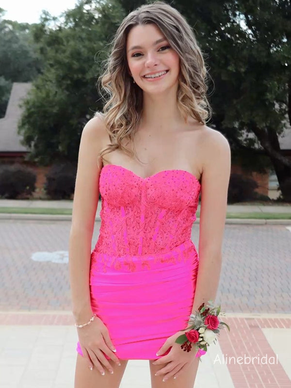 Sparkly Pink Strapless Homecoming Dress with Sweetheart Beaded Corset Top and Ruched Skirt, HC382275