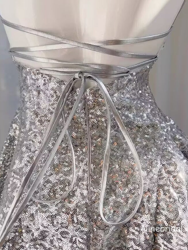 Sexy  Spaghetti Lace-up Back A-line  Silver Sequins Mini Homecoming Dress, PD382258