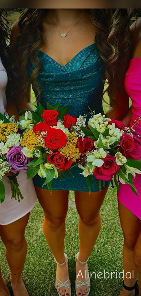 Shimmery Spagthtti Straps Ruched Teal Green Short Homecoming Dress, PD382273